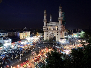 A night view of the Ramdan night bazar in old city of Hyderabad near Chaar Monar...
