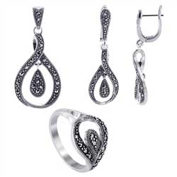 Sterling Silver Teardrop Shape Marcasite accented Earrings Pendant and Rings Jewelry Set