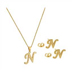 Stainless Steel Gold Tone N Initial Earrings CZ Pendant Necklace 18"