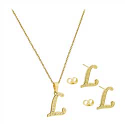 Stainless Steel Gold Tone L Initial Earrings CZ Pendant Chain Necklace