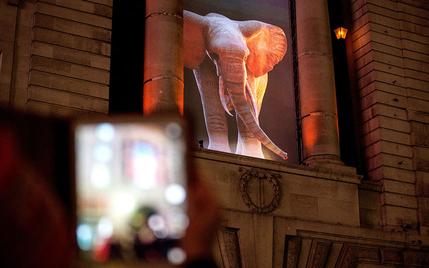 Elephantastic, created by Catherine Garret/Top'la Design, sees a strikingly like-life elephant emerge from a cloud of dust to make a slow and heavy journey through the archway on Air Street