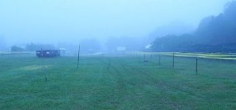 Foggy Friday morning and empty parking lot as the Pukin' Dogs are the first to arrive
