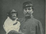 1912: Kongo-Schimpansin "Basso" mit ihrem Wärter.