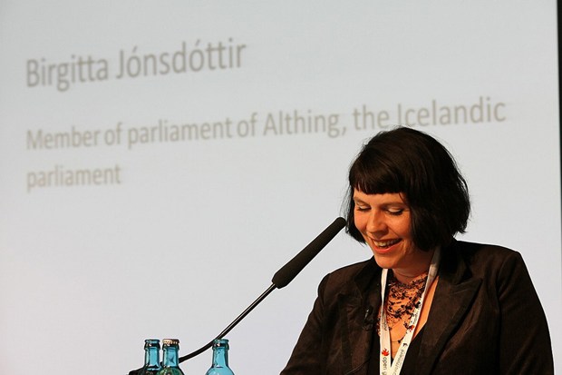 Iceland Pirate Party leader Birgitta Jónsdóttir, speaking at an event in 2011 while an MP for the Citizens' Movement party