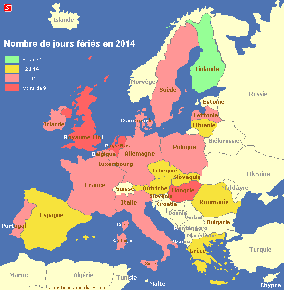 Nombre de jours fériés dans l'Union européenne en 2014