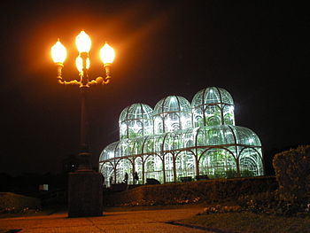 Greenhouses at night in the Botanical Garden o...