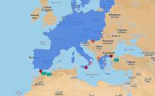 Principales portes d'entrées vers l'Europe (losanges) et barrières physiques (vagues vertes). Plus les losanges sont foncés, plus le nombre de migrants clandestins est important. Photo: Google Maps