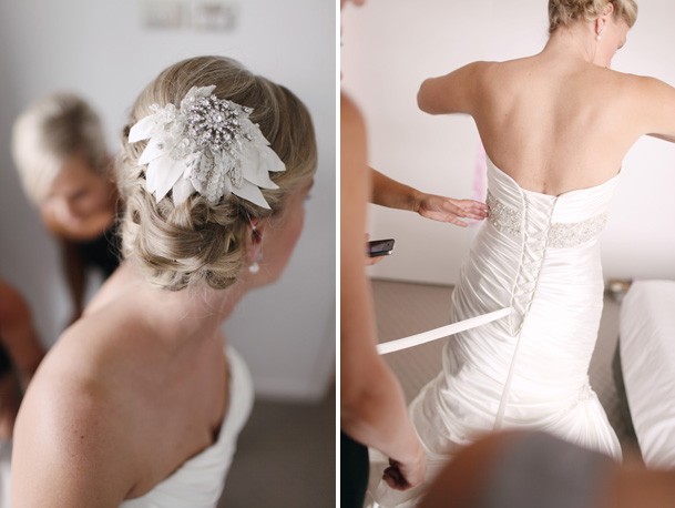 Classic Black and White Inspiration from New Zealand - 5 white petal jeweled hairpiece side bun