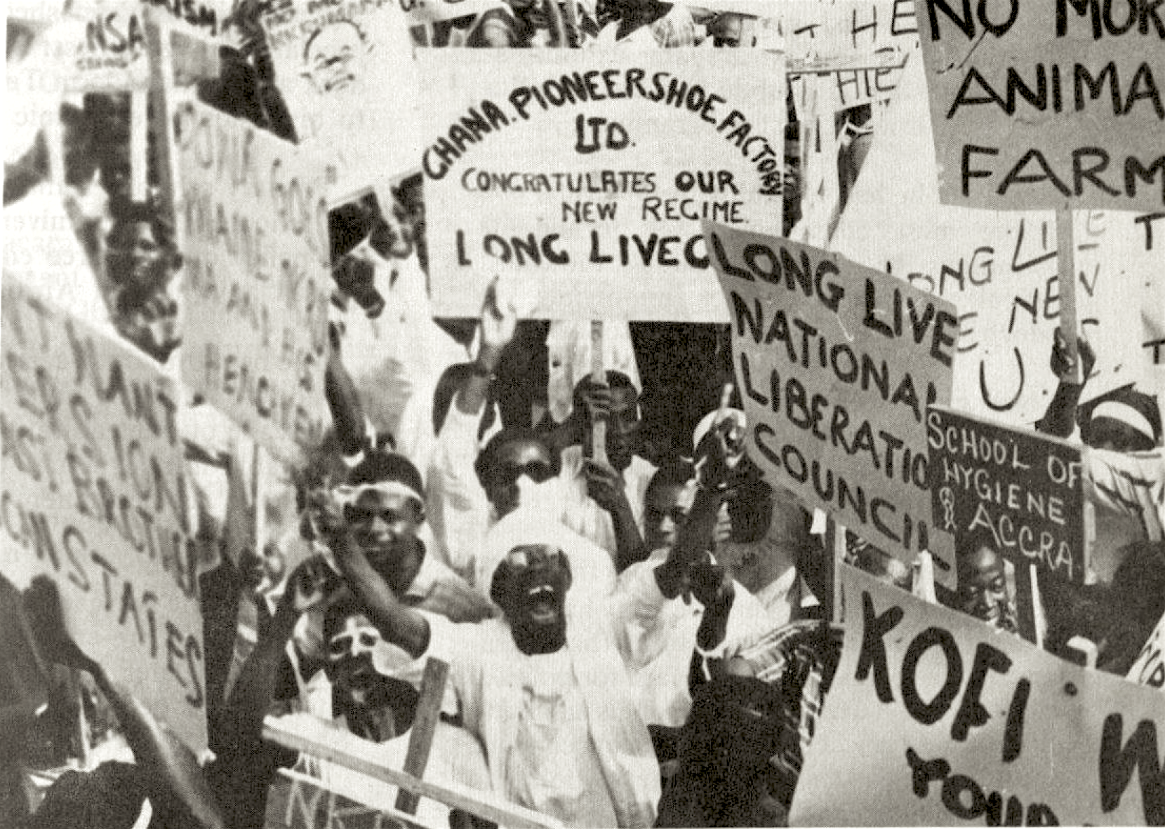 Accra. Ghanaians demonstrating support for the National Liberation Council, led by General Ankrah, after the overthrow of Nkrumah. February 24, 1966. (Photo courtesy of Ghana Information Services)