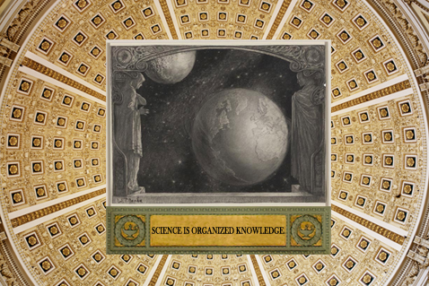 Thomas Jefferson Building, Great Hall and Interior Dome, Bendas painting The Earth with the Milky Way and Moon from Prints and Photographs Collection, words Science is Organized Knowledge