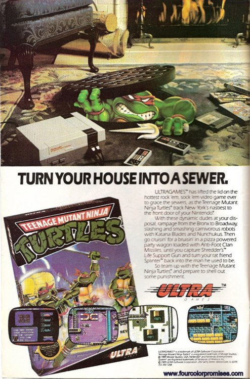 Aviso promocional de Teenage Mutant Ninja Turtles para la NES. Ultra Games/Konami, 1989.
“CONVIERTE TU CASA EN UNA CLOACA”
Que apropiada frase para un aviso de un juego que exactamente se siente como eso, una sucia y oscura cloaca a la que te...