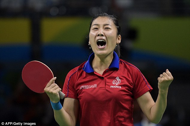 Li Xue wore the colours for France at Rio this year. Here she is celebrating her win against Netherland's Li Jie