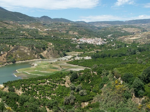 Paisaje histórico con cultivos de cítricos en el municipio de El Valle, con el núcleo de Restábal sobre la cola del pantano de Béznar (Valle de Lecrín, Granada)
