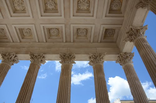 Front entrance with columns and the underside of the roof, Maison Carrée Nimes