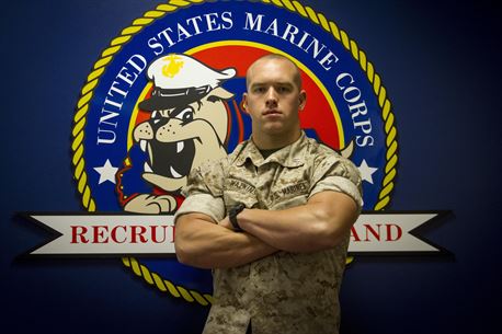 Second Lieutenant Tyler R. Watkins poses for a photo at Marine Corps Recruiting Command aboard Marine Corps Base Quantico, Va., Oct. 26, 2016. Watkins is a former NCAA Division I student athlete who graduated Officer Candidates School, Aug. 6, 2016. Due to injuries sustained during OCS, he is temporarily assigned to the Plans and Research section at MCRC. Watkins hopes to return to training in March 2017. (U.S. Marine Corps Photo by Lance Cpl. Shaehmus Sawyer/Released)
