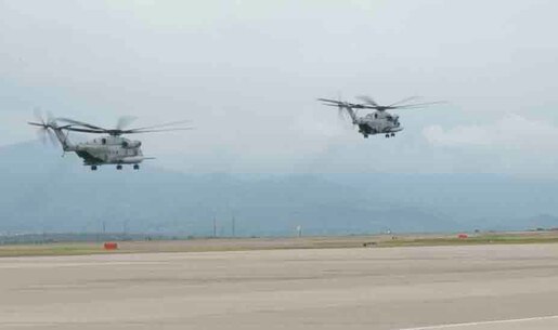 U.S. Marines with the aviation element of Special Purpose Marine Air-Ground Task Force - Southern Command depart Soto Cano Air Base, Honduras, aboard two CH-53E Super Stallion helicopters after their mission came to an end Nov. 15, 2016. SPMAGTF-SC, a temporary deployment of Marines and sailors to Central America for the past six months, focused on building and maintaining existing relationships in the region and executing different missions to include engineering projects, host nation force training and humanitarian assistance and disaster relief.