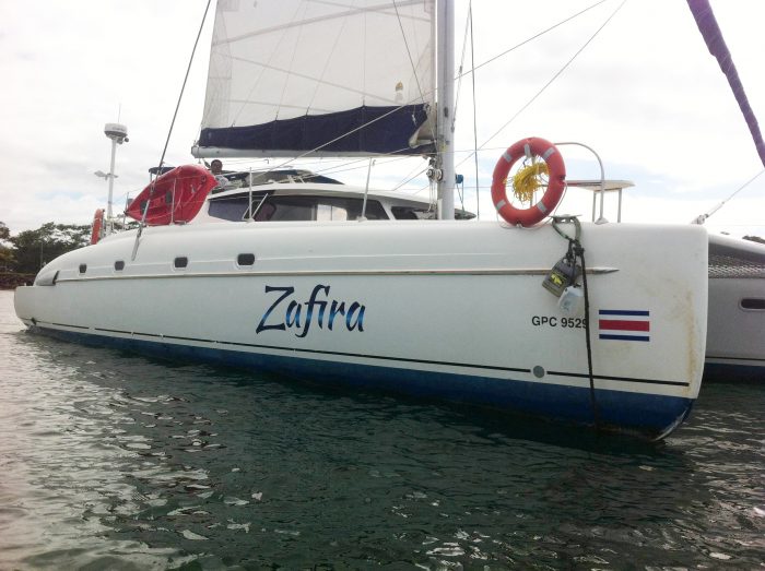 The 46-foot Zafira catamaran, made in France.
