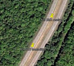 satellite photo showing the location of two vehicles that were making measurements along the highway north of Pittsburgh.