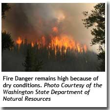 Trees on a hill burning in a forest fire. Caption: Fire Danger remains high because of dry conditions. Photo Courtesy of the WA State Dept. of Natural Resources
