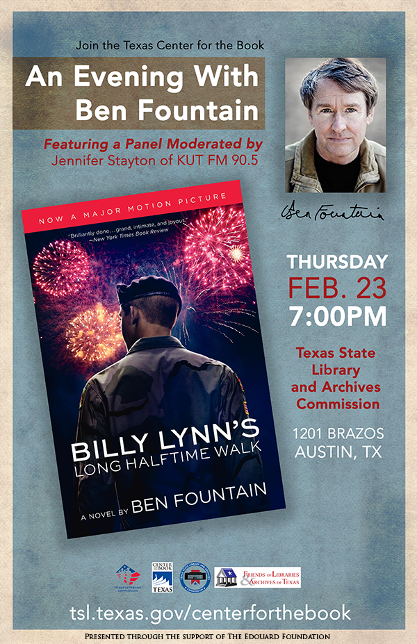 An image with the cover of the Ben Fountain authored book "Billy Lynn's Long Halftime Walk" and a photo of the author