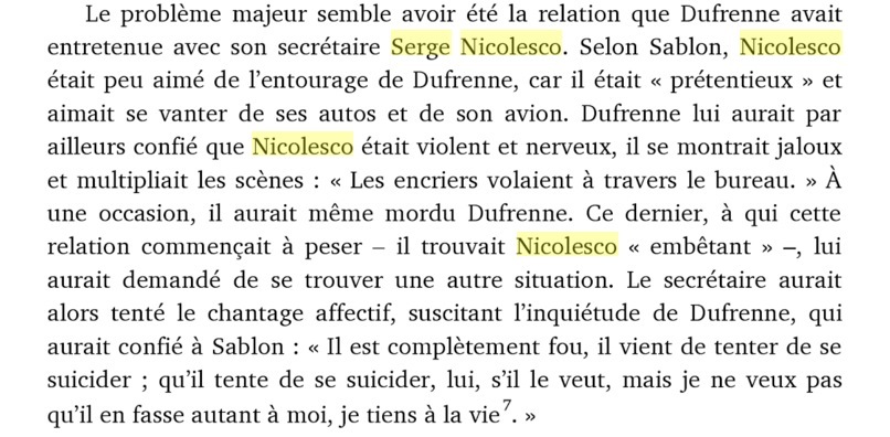 passage ayant trait au rapports entre Dufrenne et Nicolesco dans "Le crime du Palace"