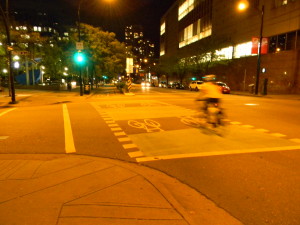 Vancouver's Dunsmuir cycle track offers cyclists their own space downtown.