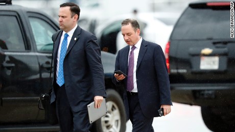 White House Director of Social Media Dan Scavino, left, walks to a vehicle with former White House Chief of Staff Reince Priebus. (AP Photo/Alex Brandon)