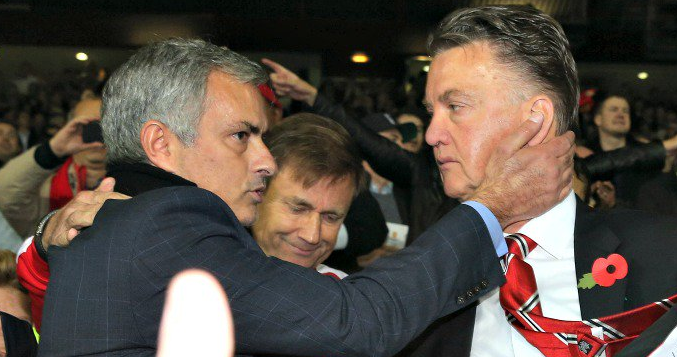 Jose Mourinho (left) is expected to take control of Manchester United while Louis van Gaal (right) is set to depart this week.