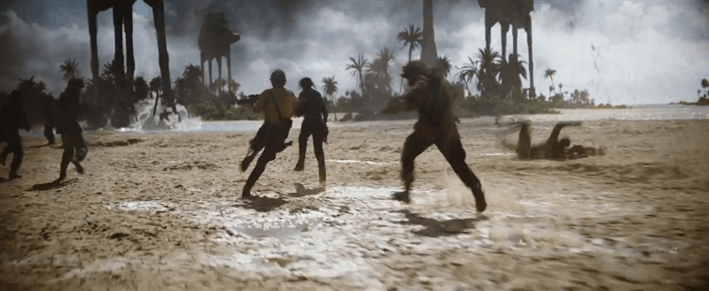 gif with JYN with the death star plan, running on a beach, antenna inthe distance