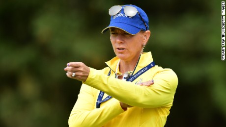WEST DES MOINES, IA - AUGUST 15:  Annika Sorenstam, European Team Captain gestures during practice for The Solheim Cup at the Des Moines Country Club on August 15, 2017 in West Des Moines, Iowa.  (Photo by Stuart Franklin/Getty Images)