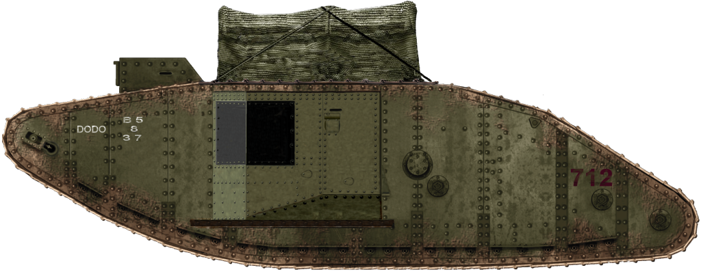 Alguns tanques Mark I Male foram usados ​​como tanques de abastecimento.  Este é o tanque, No.712 chamado 'Dodo', fazia parte do batalhão B, companhia 5, seção 8, B37.