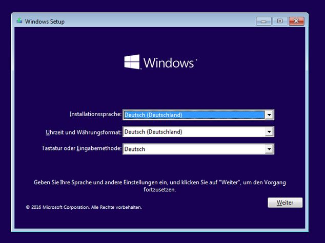Windows Setup Sprache auswählen