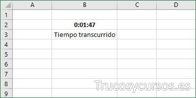 Hoja Excel con celda B2 mostrando el tiempo final.