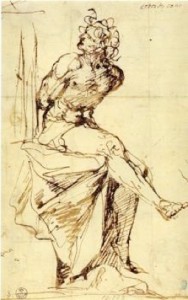 5-43 Alonso Cano, Seated Nude Youth, 1645-1649. Pen, 21.9 x 13.7 cm. Uffizi, Florence.