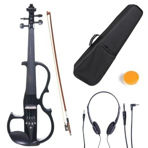 Cecilio 4/4 CEVN-2BK Solid Wood Electric/Silent Violin with Ebony Fittings in Style 2 - Full Size - Black Metallic
