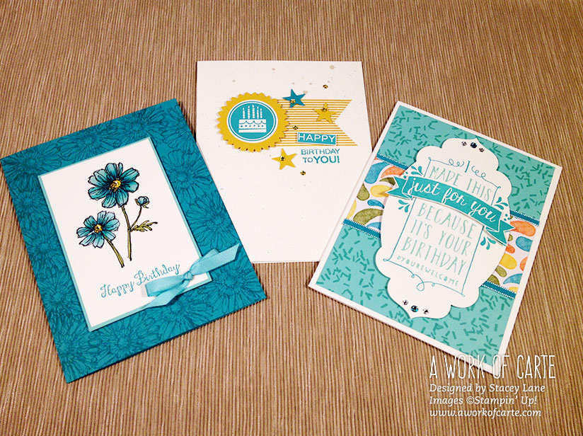 Three very different cards using three very different stamp sets