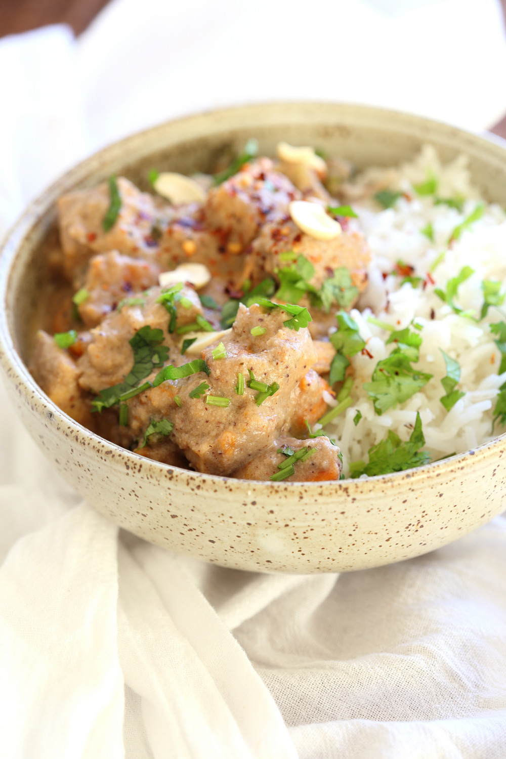 Our Vegan Korma Recipe with Rice in a speckled bowl