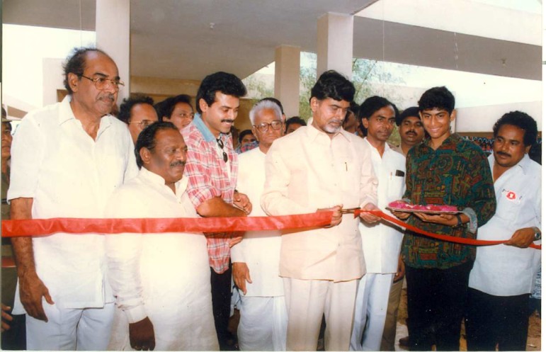 CM Chandrababu Naidu and Rama Naidu opening the building of Rama Naidu Trust. Also seen in Picture are then TDP Minister KCR, Kodela, Venkatesh and RaNa.