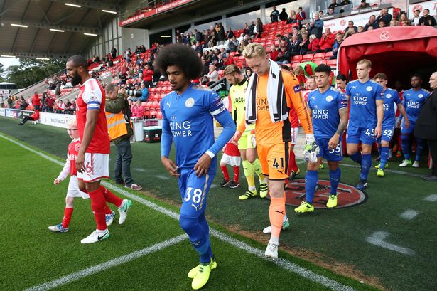 Hamza Choudhury leads his team out in the Checkatrade Trophy tie against Fleetwood Town. (Photo by Plumb Images/Leicester City FC via Getty Images)