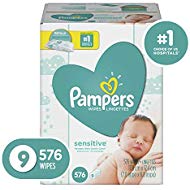 Pampers Sensitive Water-Based Baby Diaper Wipes, 9 Refill Packs for Dispenser Tub - Hypoallergenic and Unscented - 576 Count
