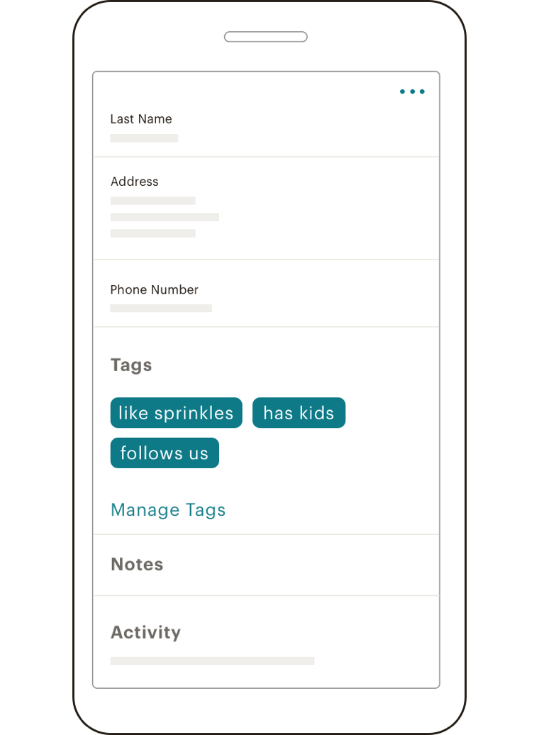 A mobile view of the Mailchimp App displaying a "tags" section