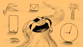 Doodle of a person tubing and relaxing on a river, passing a clock, phone, and email icon. 