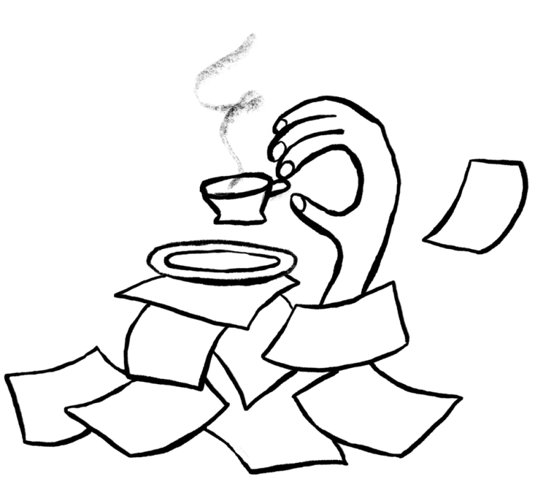 Illustration of a hand holding a cup of coffee with papers scattered everywhere