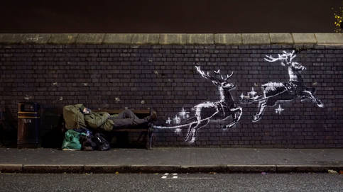 Una persona sin hogar, protagonista de la nueva obra de Banksy sobre la Navidad