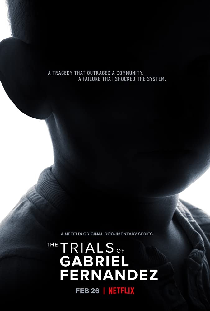 A poster for the documentary The Trials of Gabriel Fernandez is a a photograph showing a darkened silhouette of a boy's head and neck against a white background. 