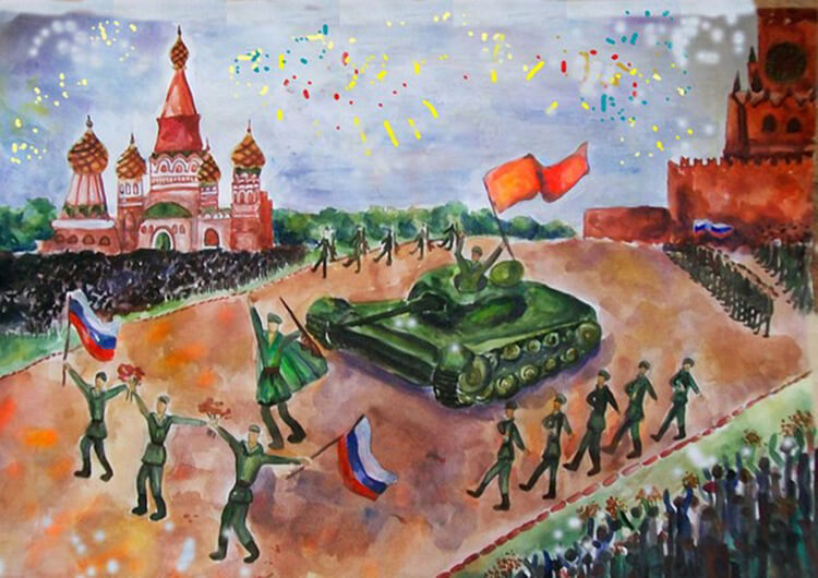 Детские рисунки к 9 Мая на день Победы и примеры открыток на военную тематику для конкурса в школе