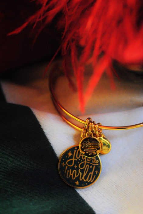 Joy to the World outfit Closeup Alex and Ani Bracelet Review 2