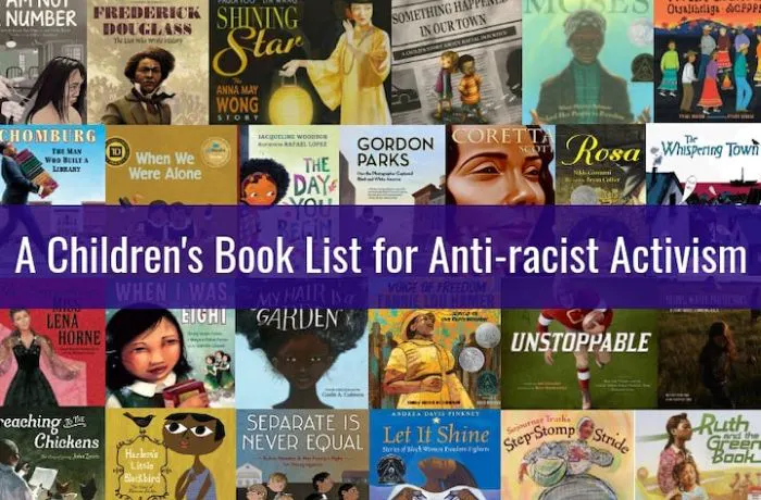 Book covers with the title "Children's Books for Anti-racist Activism"