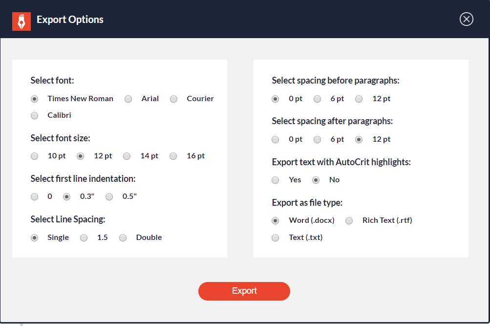 Example screenshot of AutoCrit's export file options.