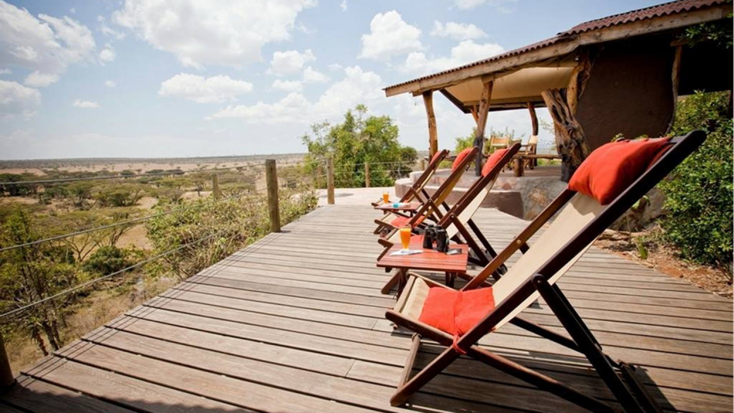 Safari-terrasse med minimalistiske trebord